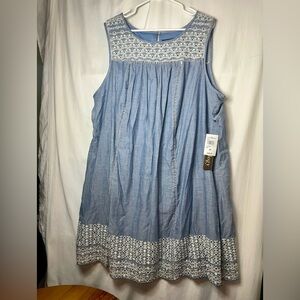 Blue Sleeveless Dress with White Embroidery